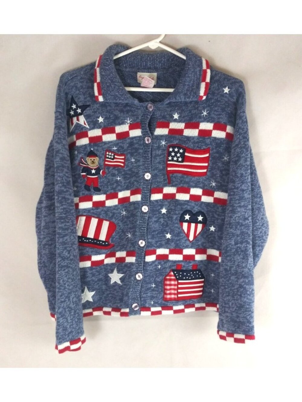 Crystal-Kobe Women's Patriotic Embroidered Button-Up Cardigan Sweater Size Large